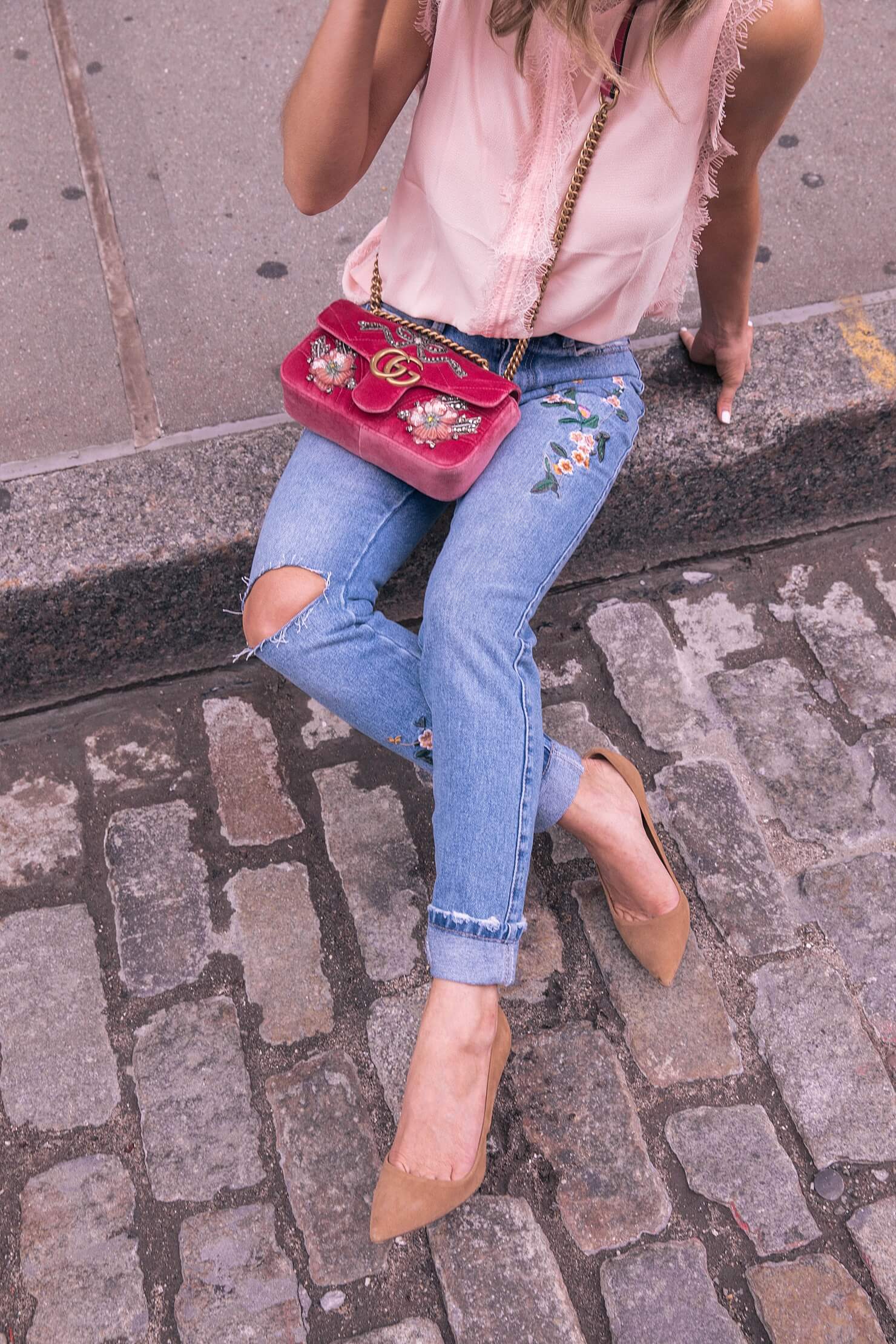 how to pull off mom jeans // brighton keller wearing rose embroidered jeans with lace sleepless blouse and Mini GG Marmont Matelassé Velvet Shoulder Bag with dee keller portia pumps in cognac suede