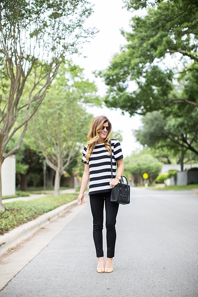 brighton the day wearing Banana Republic Rugby Stripe Crepe Top and new sloan fit black pants with yellow strappy sandals for business casual spring outfit