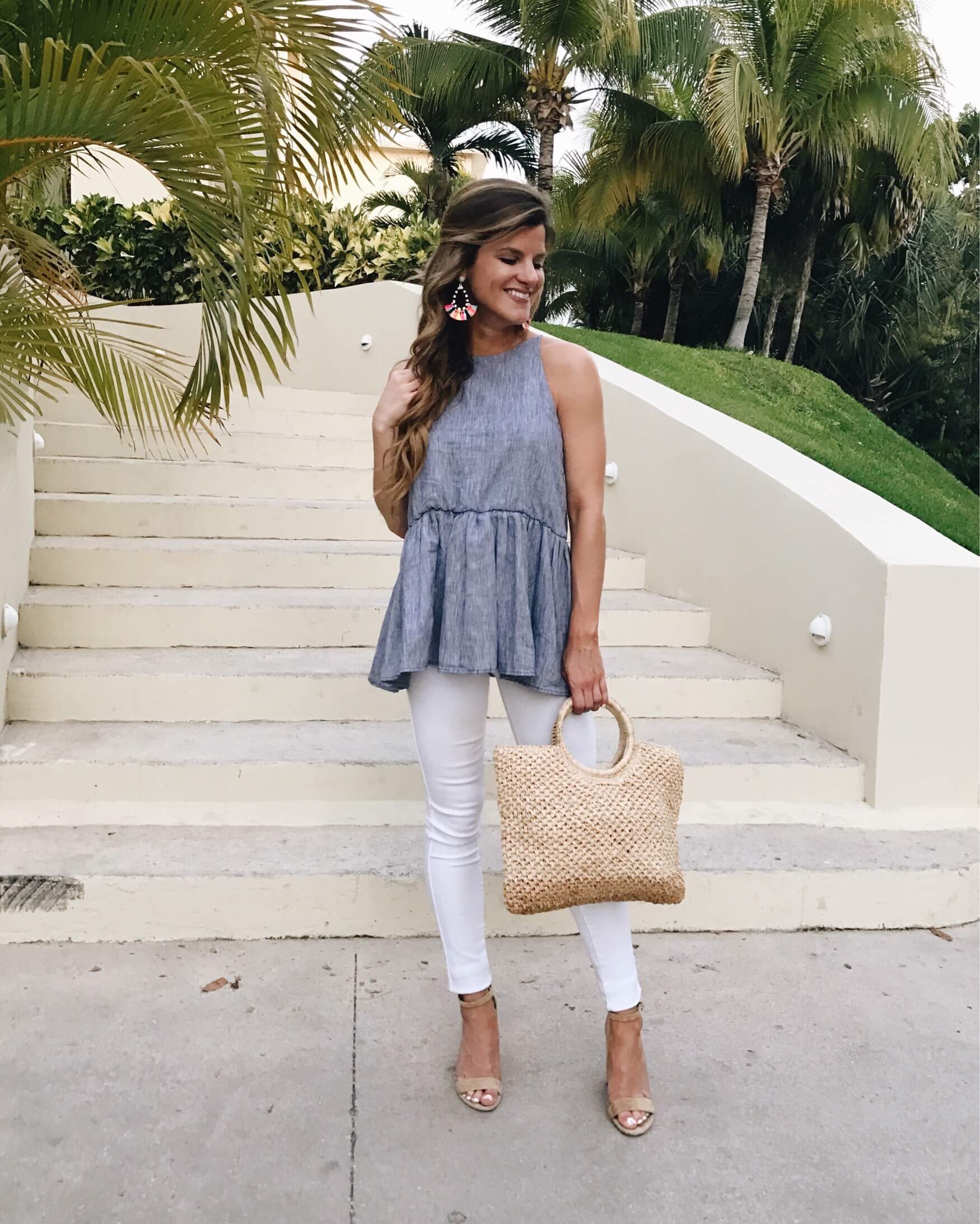 brighton keller wearing peplum tank with white jeans 