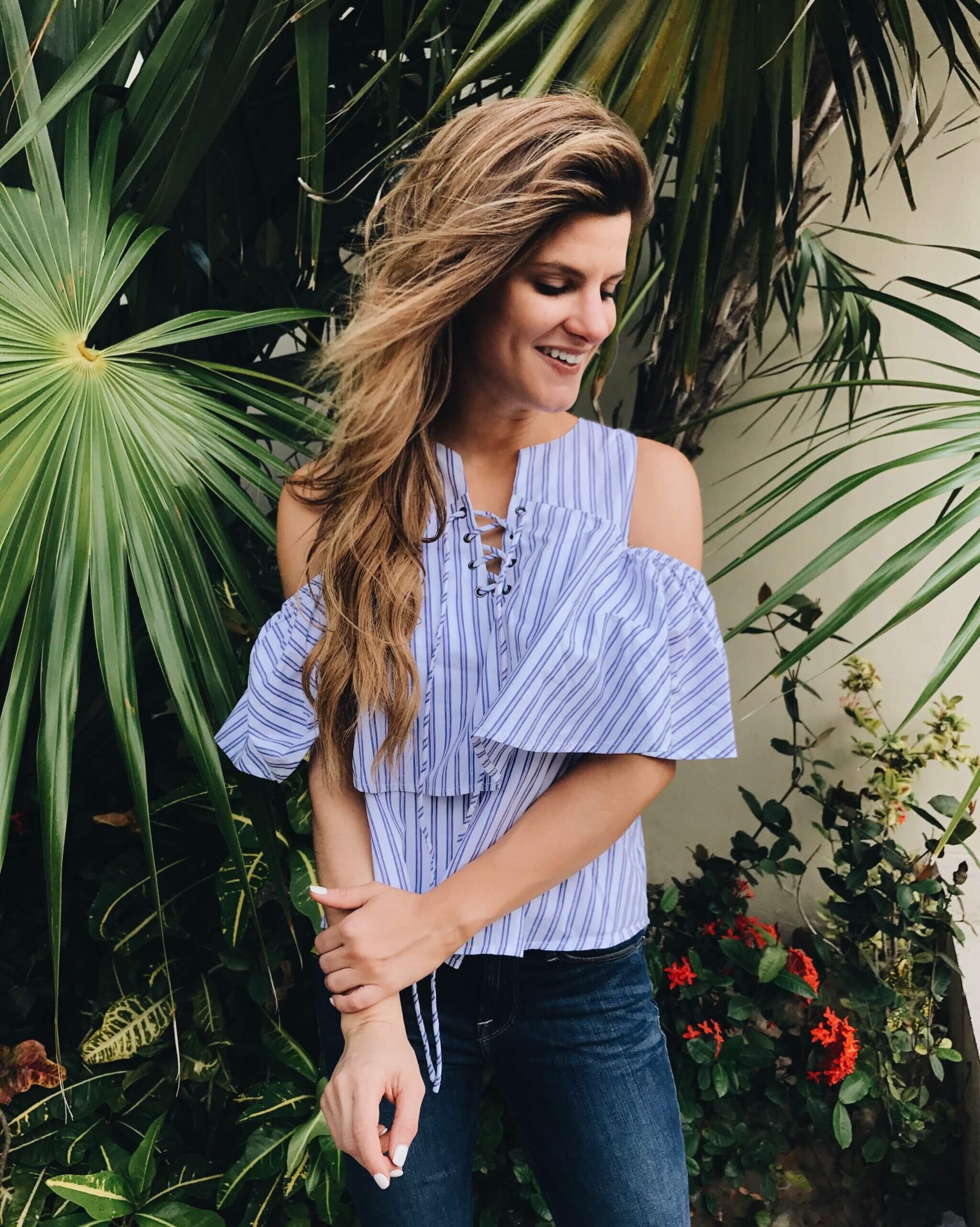Brighton keller striped cold shoulder top with jeans 