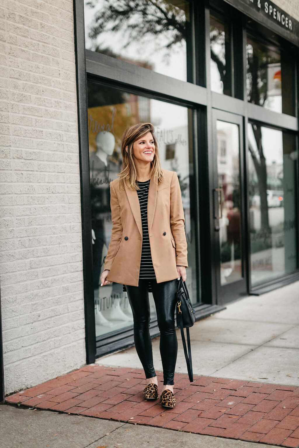 camel blazer, leather leggings, striped tee 