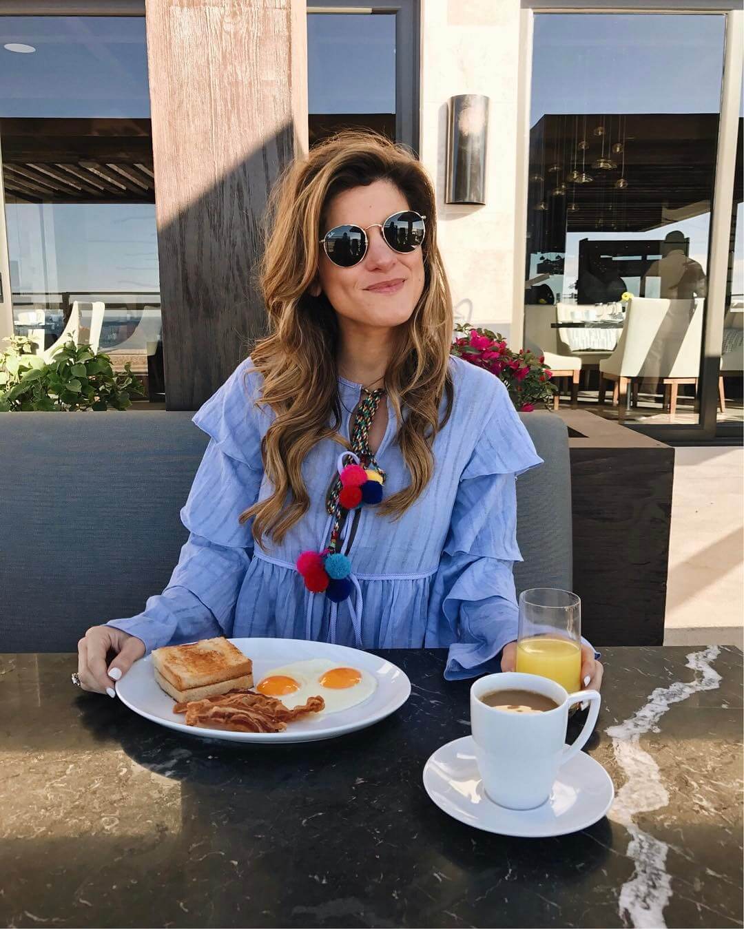 Brighton the day breakfast in cabo with pom pom ruffle top