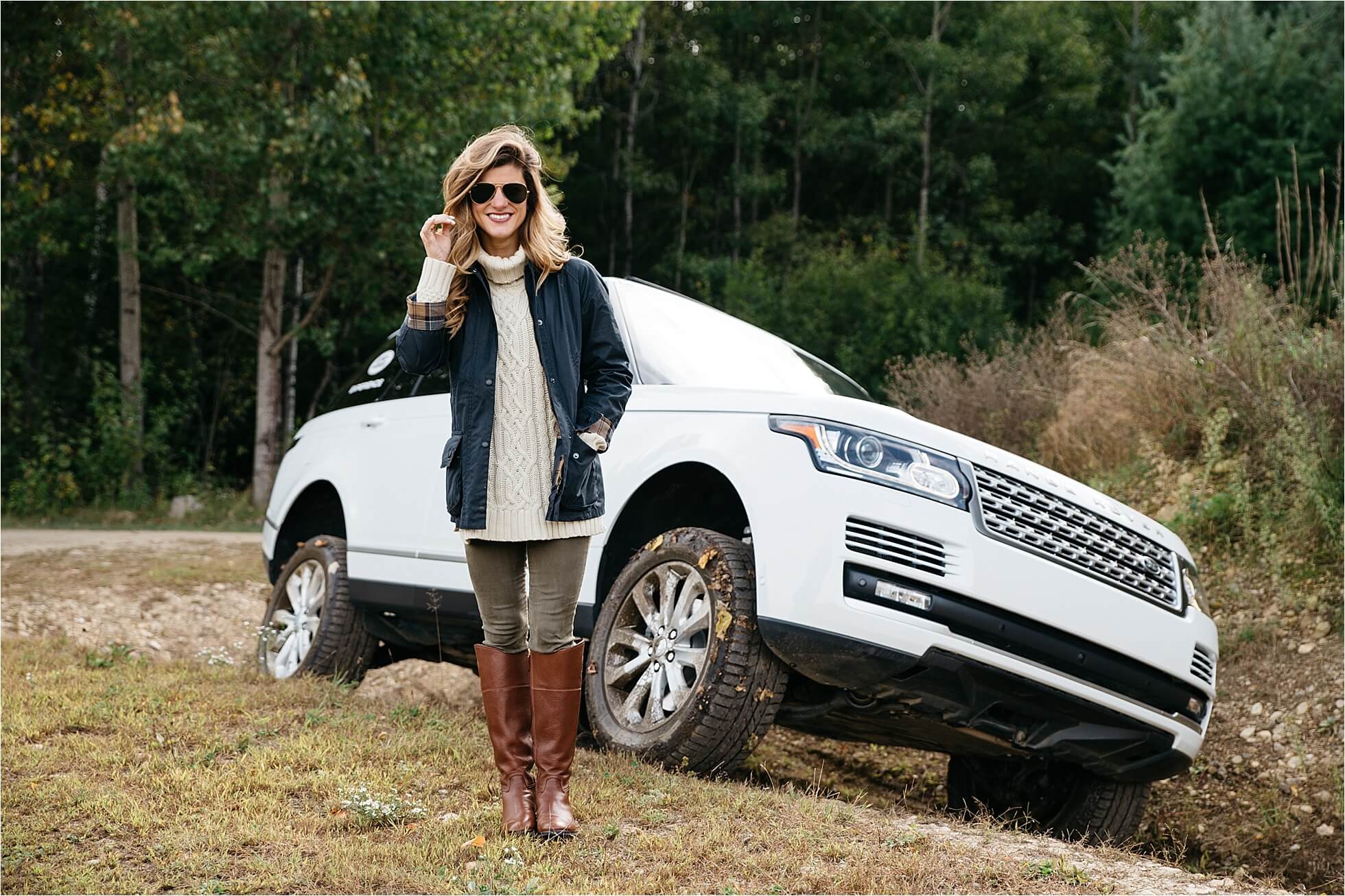 Land Rover Driving Experience in Manchester, VT brighton keller tory burch riding boots, barbour jacket, fishermen knit sweater, fall outfit
