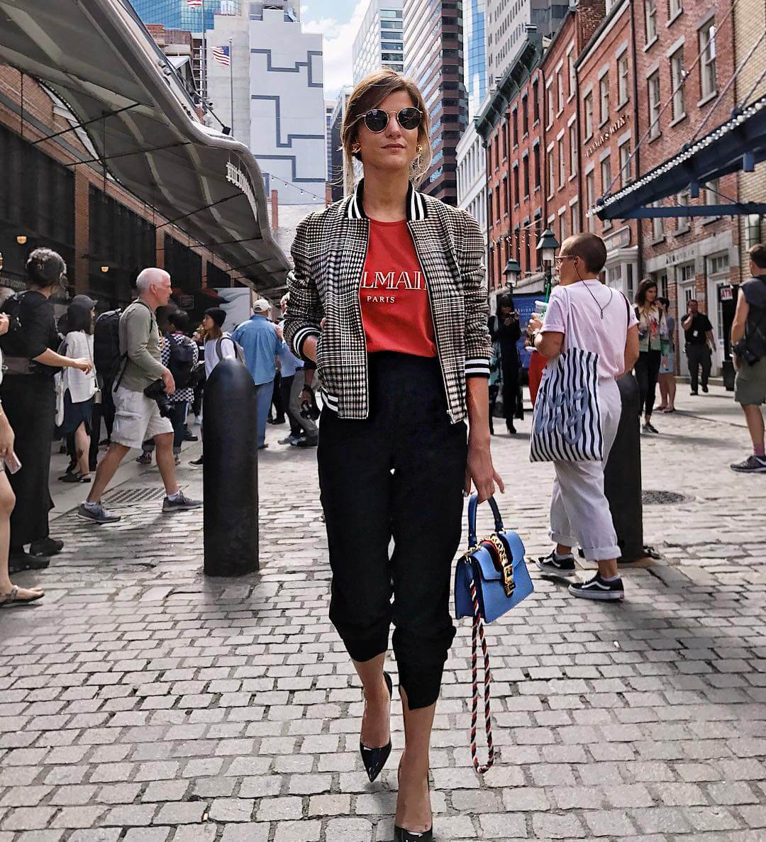 kendall and kylie black jogger pants, maje plaid bomber jacket, gucci bag, red tee, jogger pants outfit