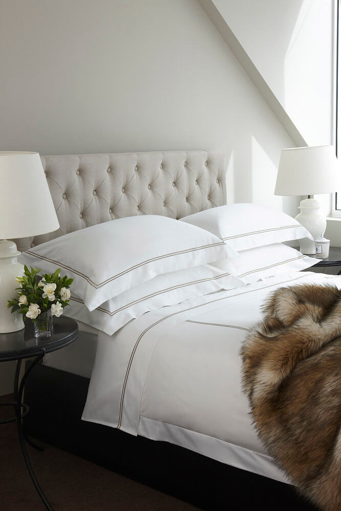 Shades of neutral bed with faux fur throw