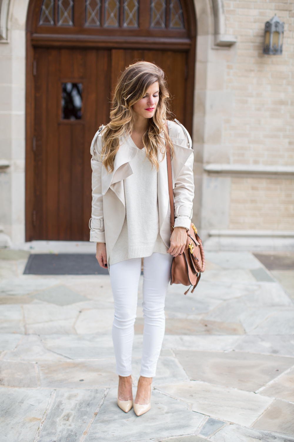 Winter White outfit with white jeans cream sweater chloe bag nude patent pumps