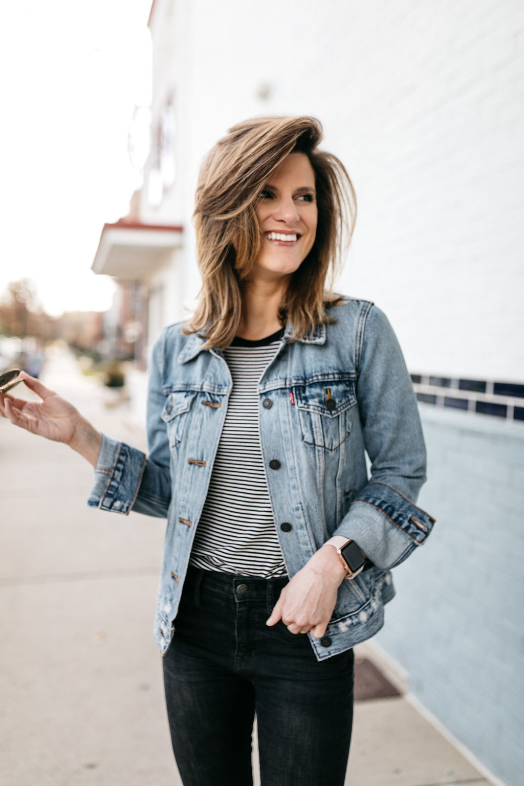 striped crewneck tee and classic denim jacket