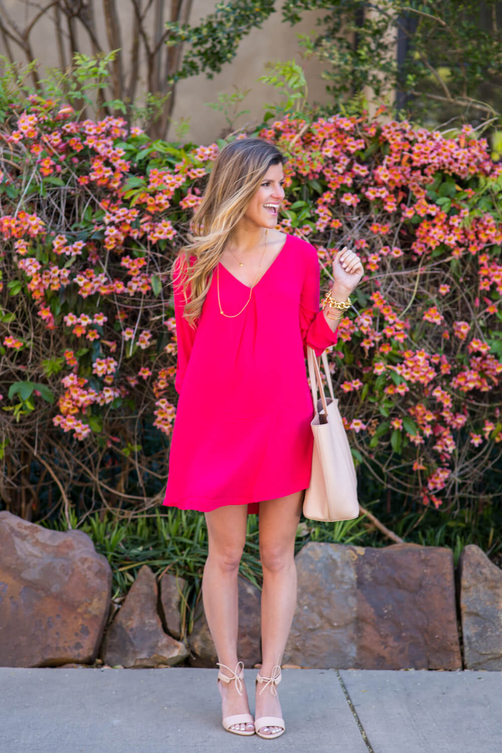brightontheday in lush pink dress and lace sandals