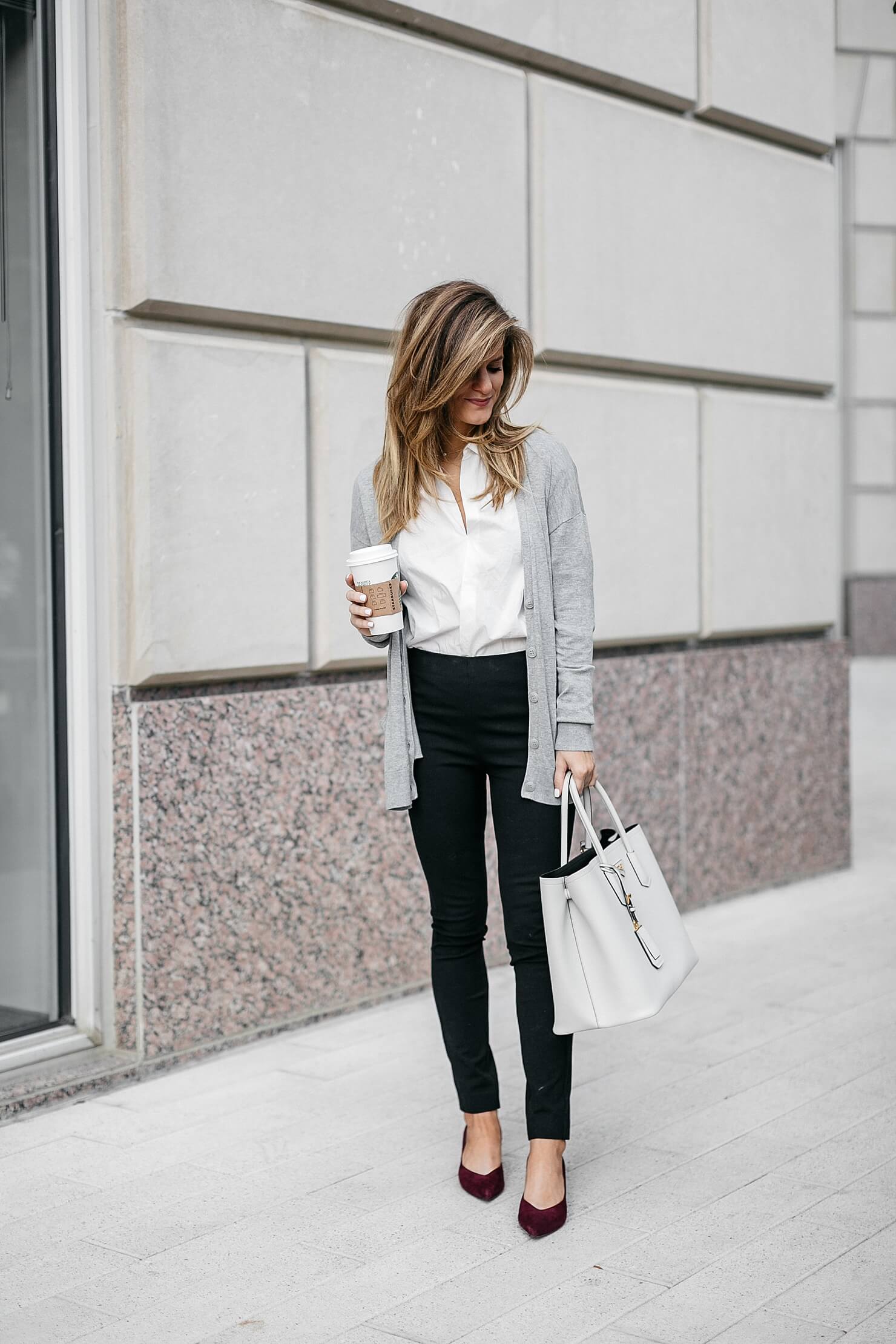 grey lightweight cardigan, white button down shirt, black ponte pants, and kitten heels // business casual outfit ideas