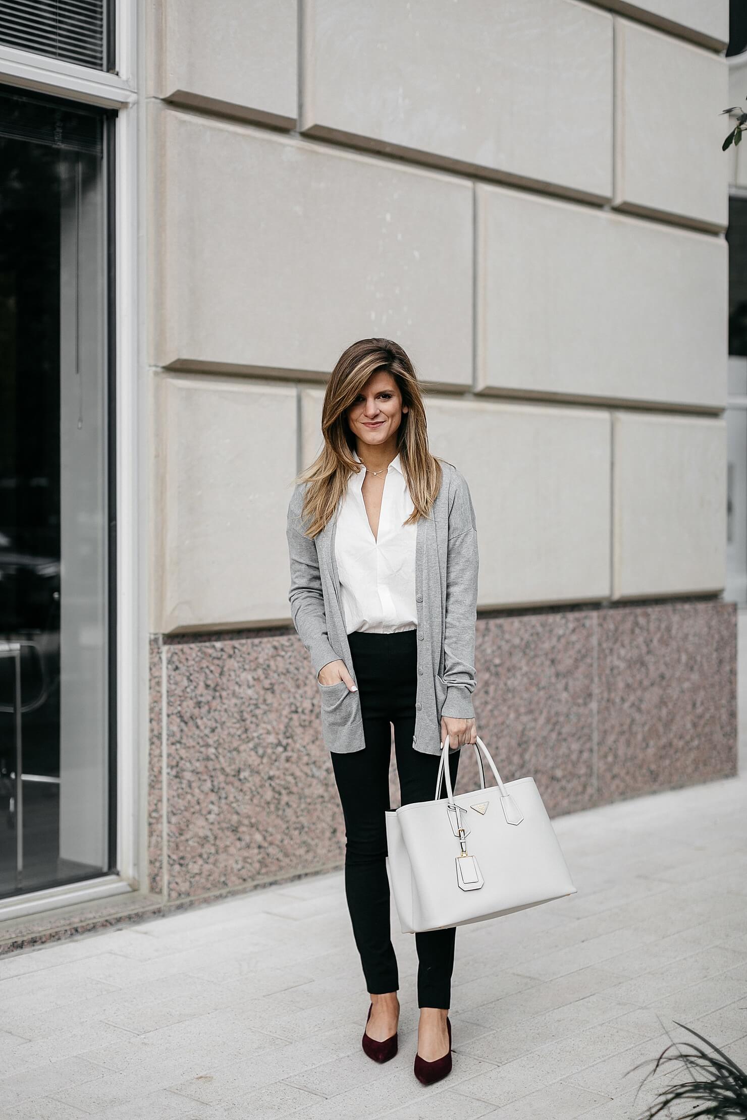 grey lightweight cardigan, white button down shirt, black ponte pants, and kitten heels // business casual outfit ideas