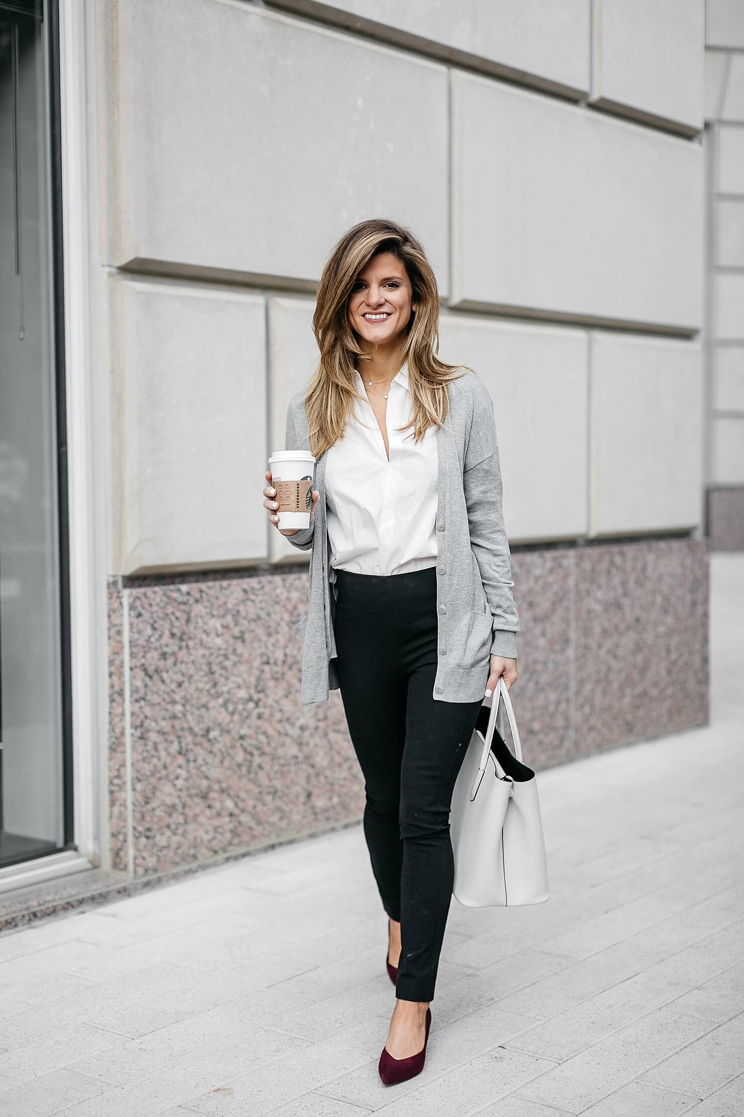 grey lightweight cardigan, white button down shirt, black ponte pants, and kitten heels // business casual outfit ideas