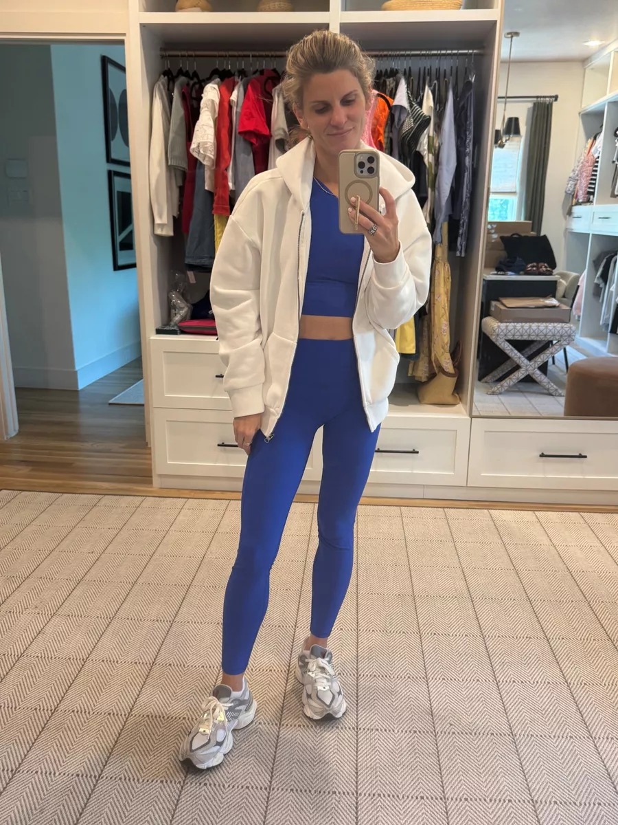 Blue workout set and White zip up