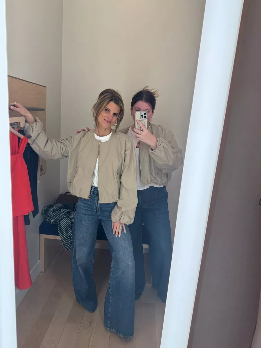 Grey jacket and wide leg jeans